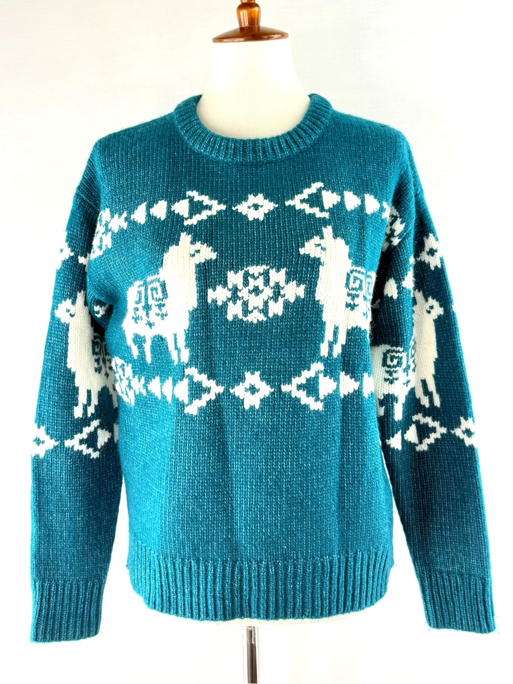 Sundance Sample Teal Spirited Llama Motif Crewneck Sweater